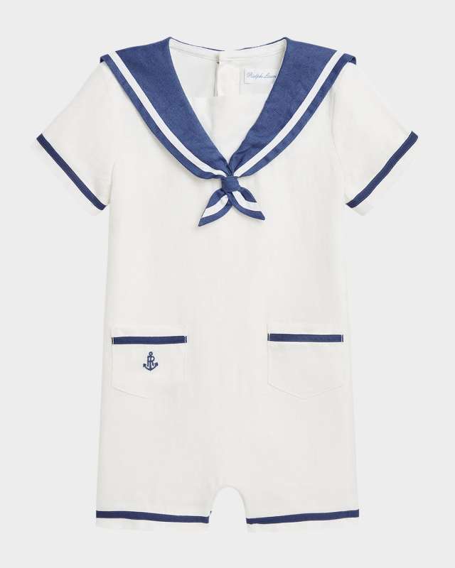 Boy's Sailor-Inspired Embroidered Shortall, Size 9M-24